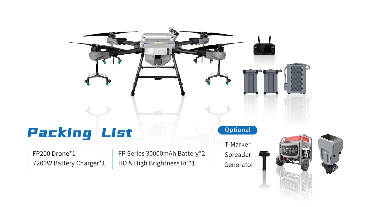 Our FP200 agriculture drone comes with a comprehensive packing list, including all necessary components for easy assembly and operation, such as the remote controller, charger, and batteries.